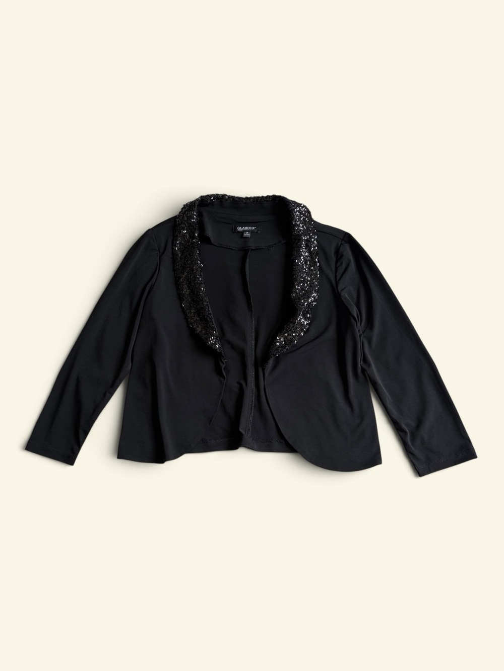 Vintage Y2K Glamour Black Sequin Collar Bolero Jacket Open Front Medium Party